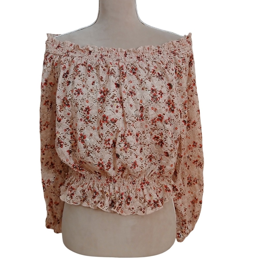 Bongo Womens XL Pink Floral Lace Off The Shoulder Smocked Hem Blouse Cropped